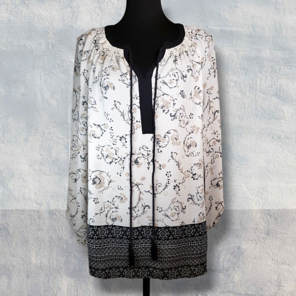 Daniel Rainn Womens Black & White Boho Print Tie Neck Peasant Blouse, Large